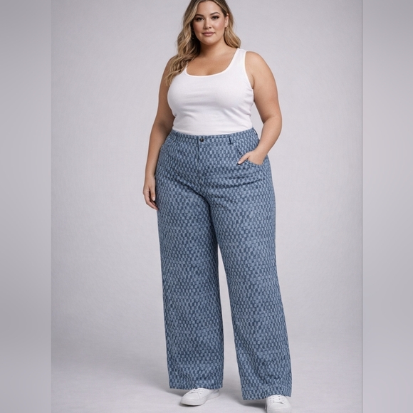 Future Collective Pants - Future Collective Women’s Pants Size 20 Blue Checkered 100% Cotton Wide Leg High